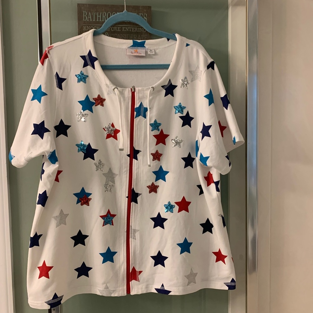 Quacker Factory Short Sleeved Summer Glitter Star Zip-up Jacket Coat Top Sz XL